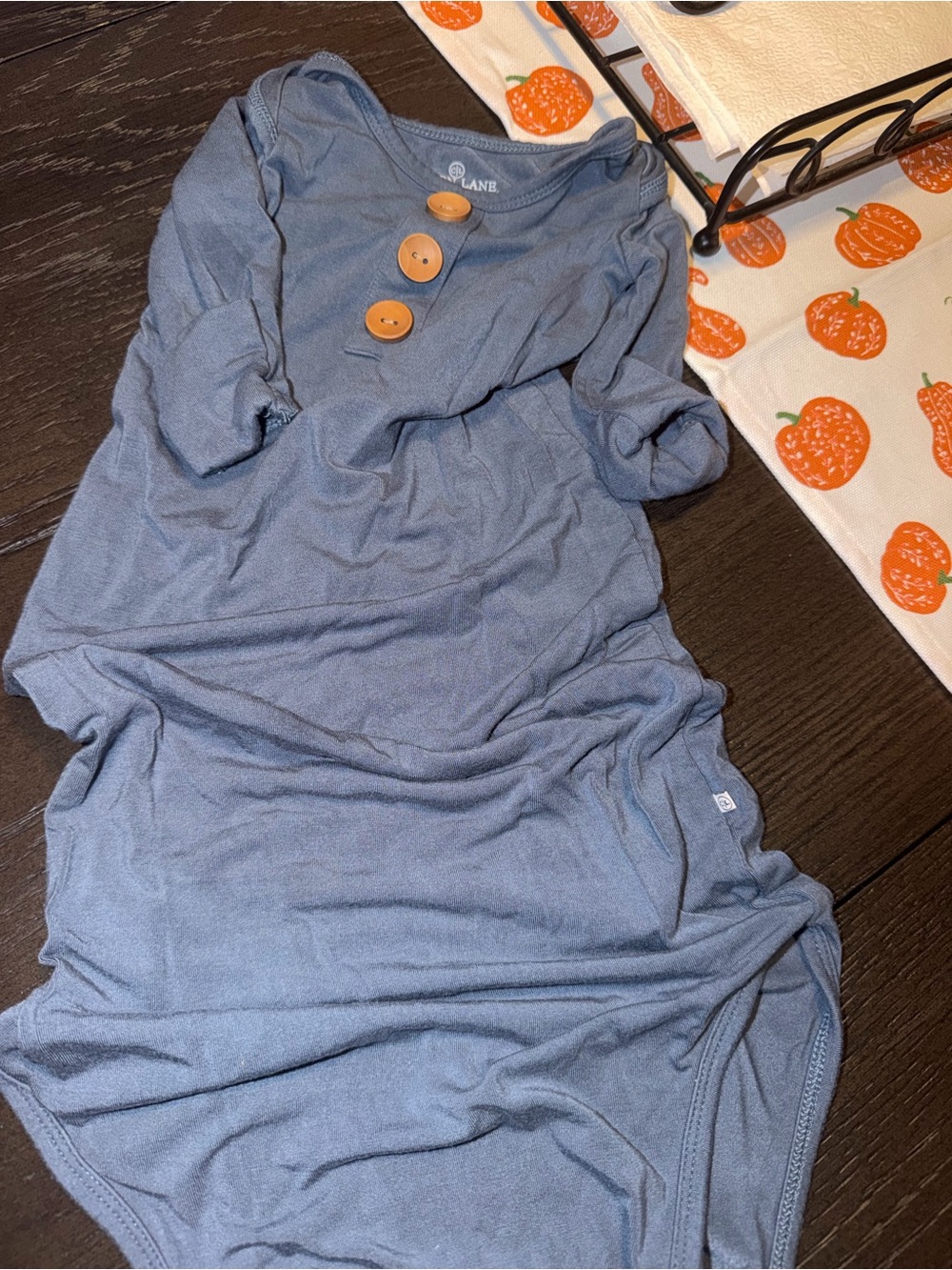 Blue Long-Sleeve Baby Gown with Wooden Buttons